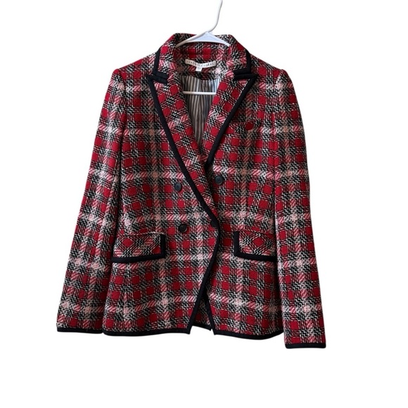 VERONICA BEARD Harriet Plaid Cutaway Tweed Dickey Blazer Red Sz 2 - Picture 2 of 10